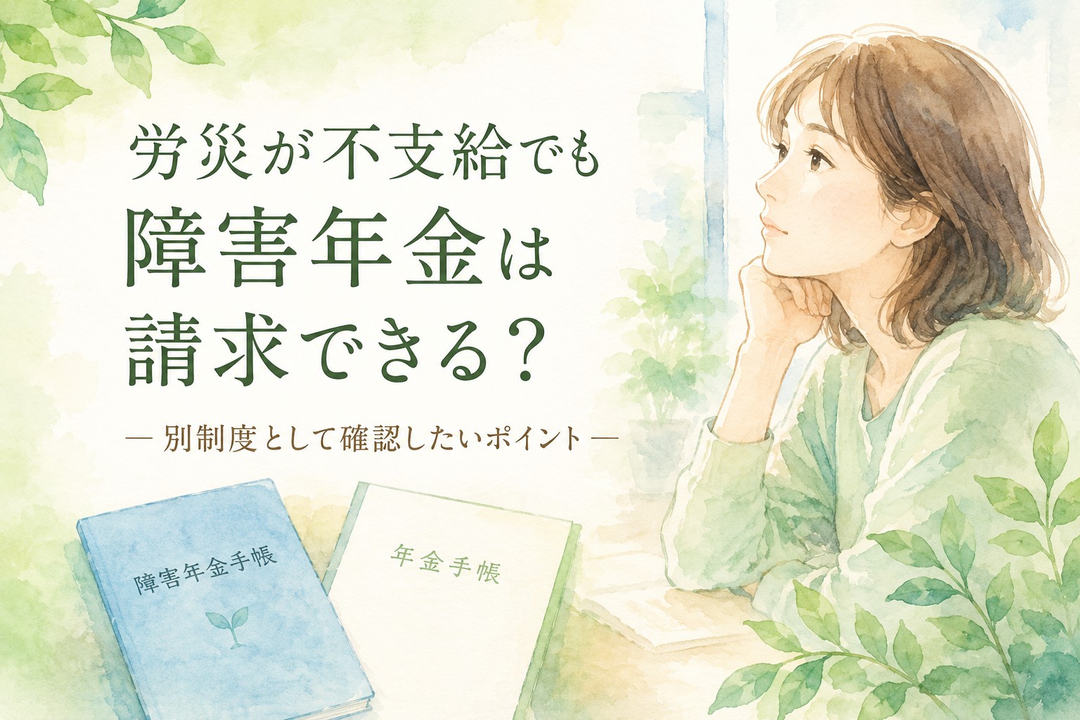 労災不支給後の障害年金請求について考える人物の水彩イラスト