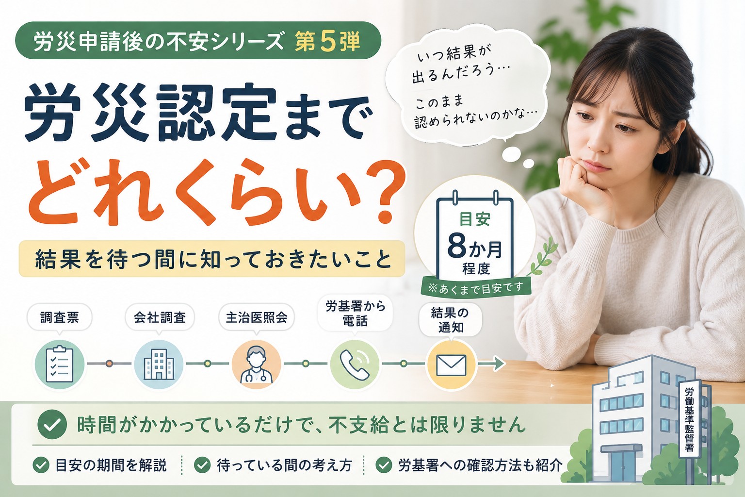 労災認定までどれくらいかかるのか不安を感じる方へ向けて、結果を待つ間の考え方や認定までの流れを解説するイメージ画像