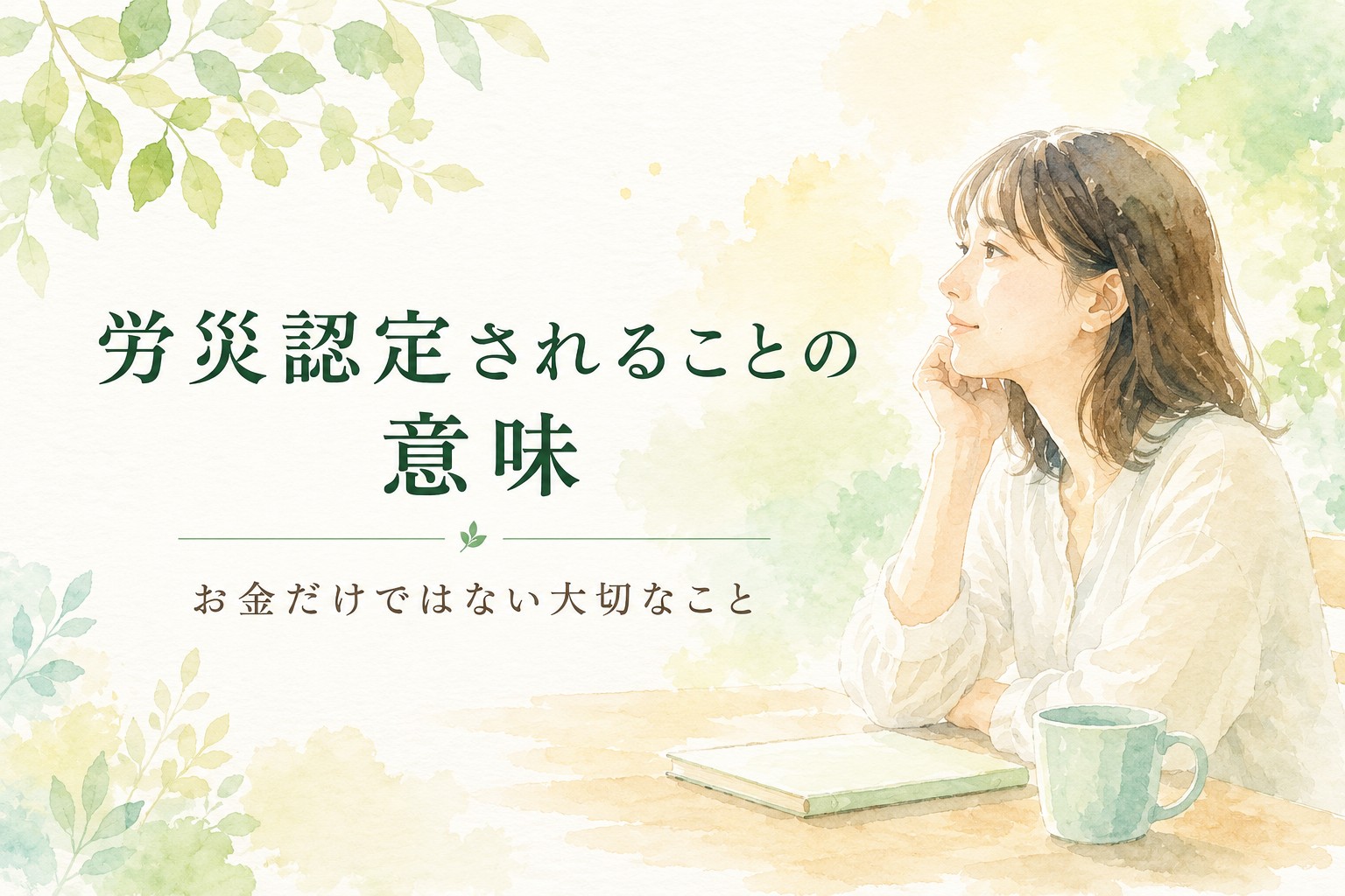 労災認定されることの意味について考える女性と穏やかな緑の水彩イラスト