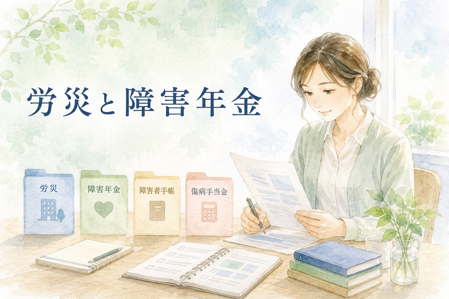 労災と障害年金の違いや関係を整理する人物の水彩イラスト