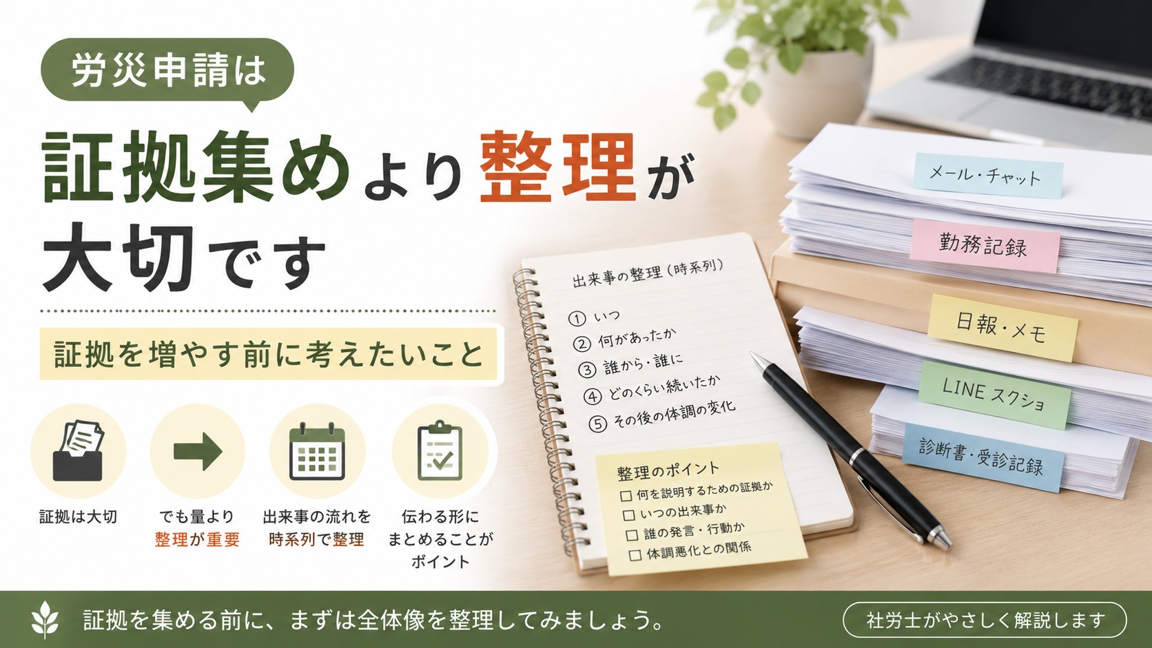 労災申請は証拠集めより整理が大切であることや、時系列整理の考え方を解説するイメージ