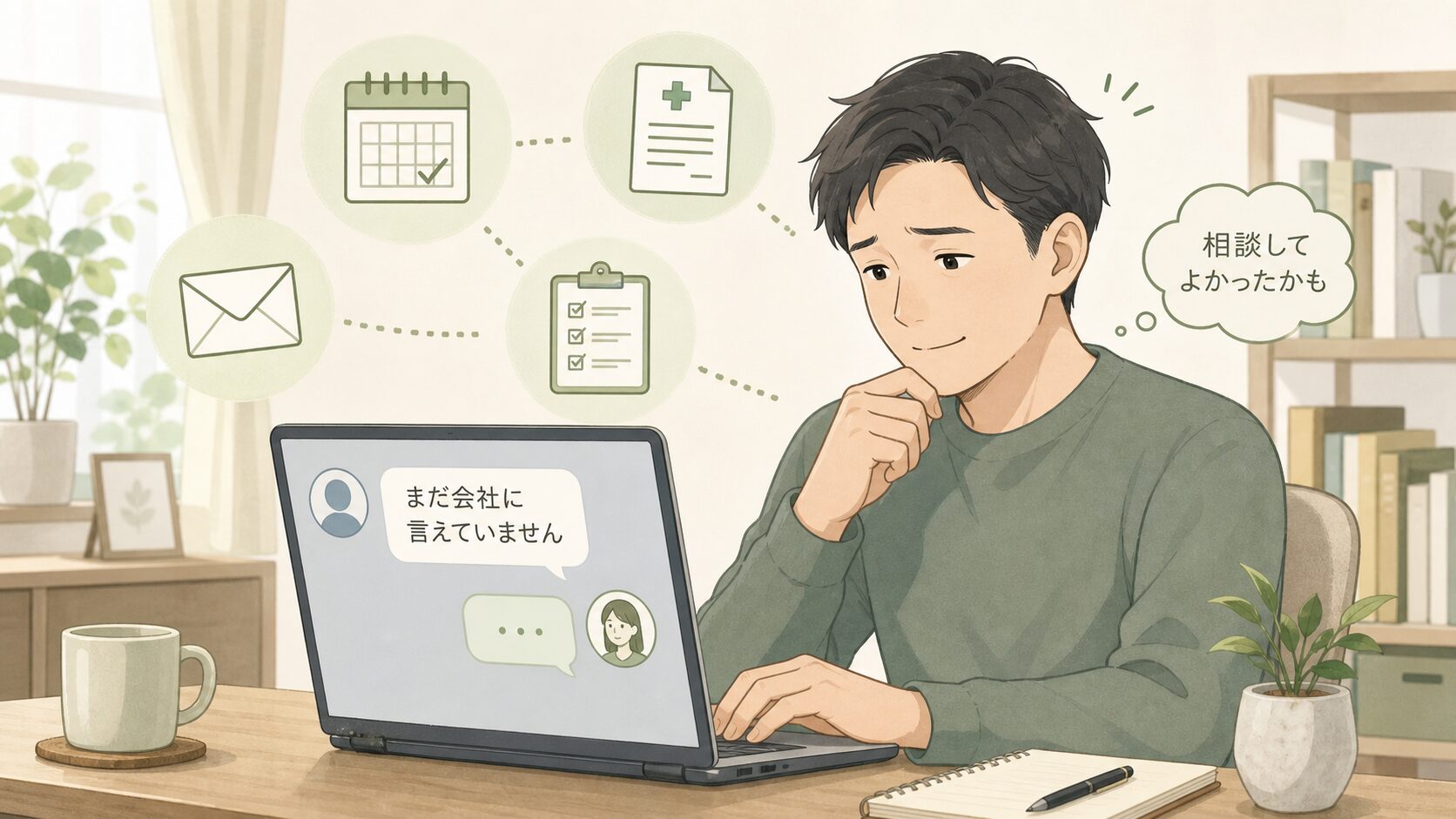 会社に言う前に労災相談をしてよいか悩む人が、LINEで状況整理をしているイメージ