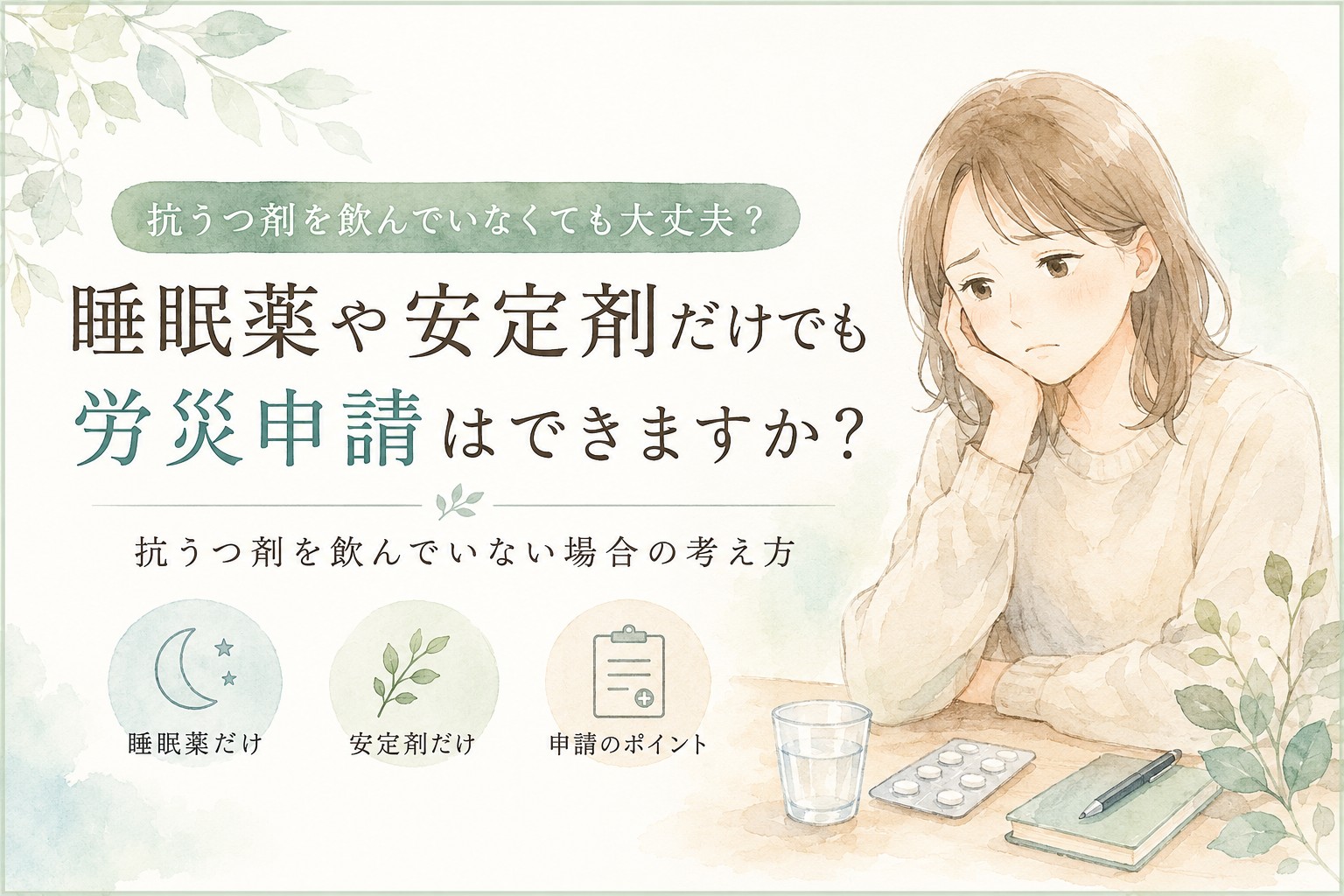 睡眠薬や安定剤だけでも精神の労災申請はできるのかを解説するイメージイラスト