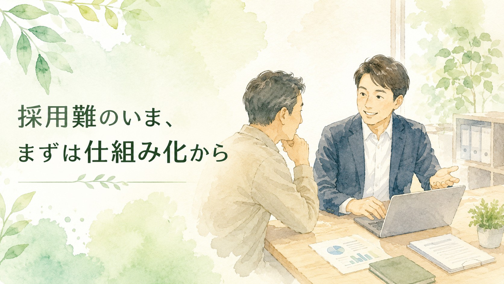 採用難や人手不足に悩む中小企業が、労務DXによる仕組み化について社労士と相談している水彩イラスト