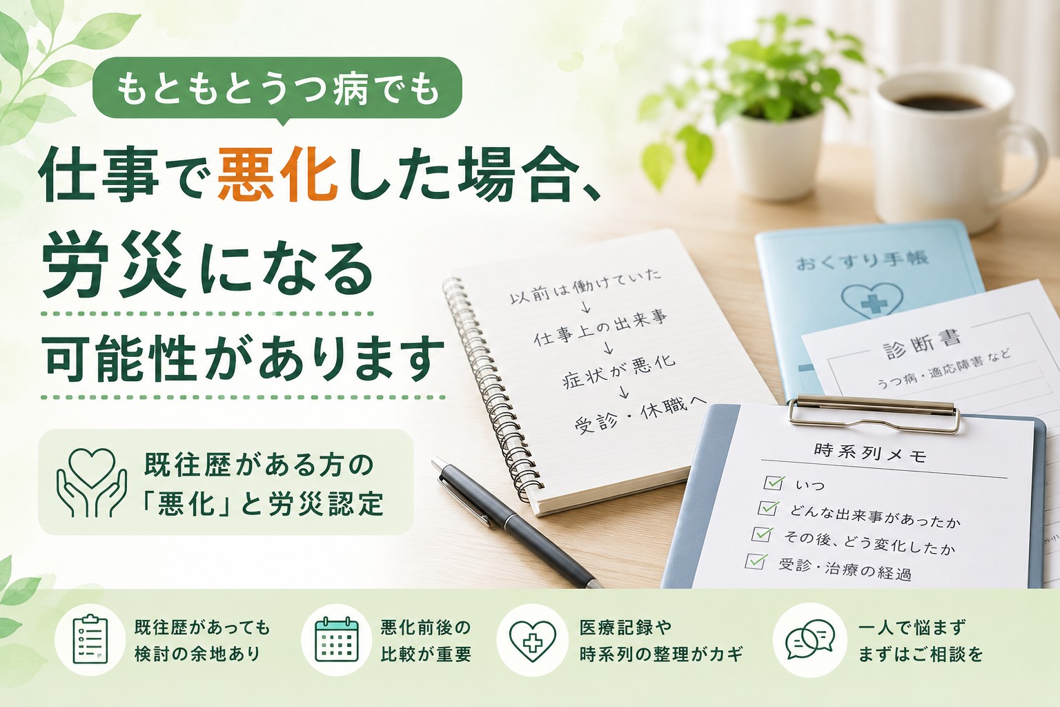 もともとうつ病で通院中でも、仕事による悪化が労災認定につながる可能性を解説するイメージ