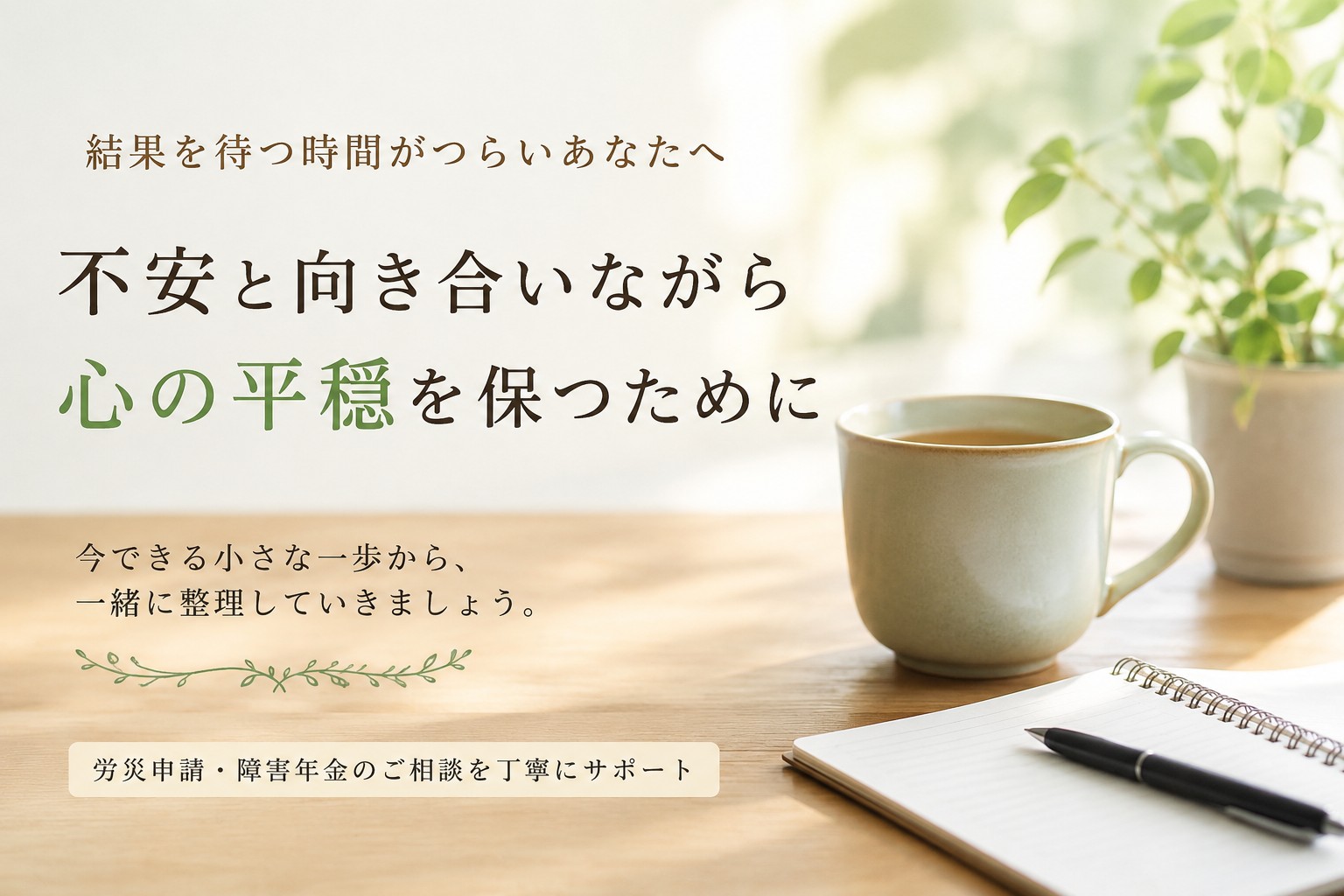 結果を待つ不安の中で心の平穏を保つことをイメージしたノートとマグカップの風景