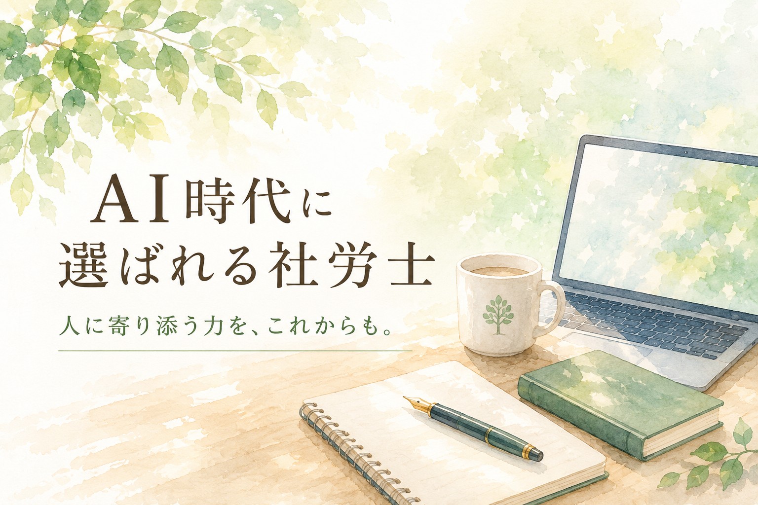 AI時代に選ばれる社労士とは。AIを活用しながら依頼者に寄り添う姿勢を表現した水彩イラスト