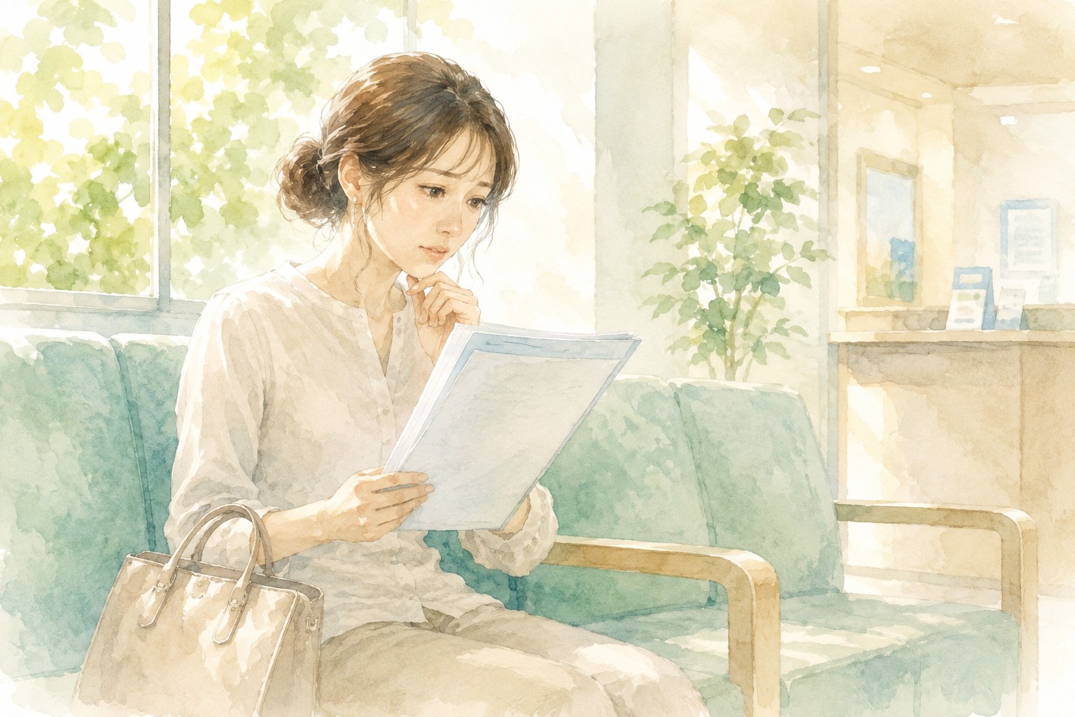 労災の医師証明を書いてもらえず、病院の待合室で書類を確認する女性の水彩イラスト