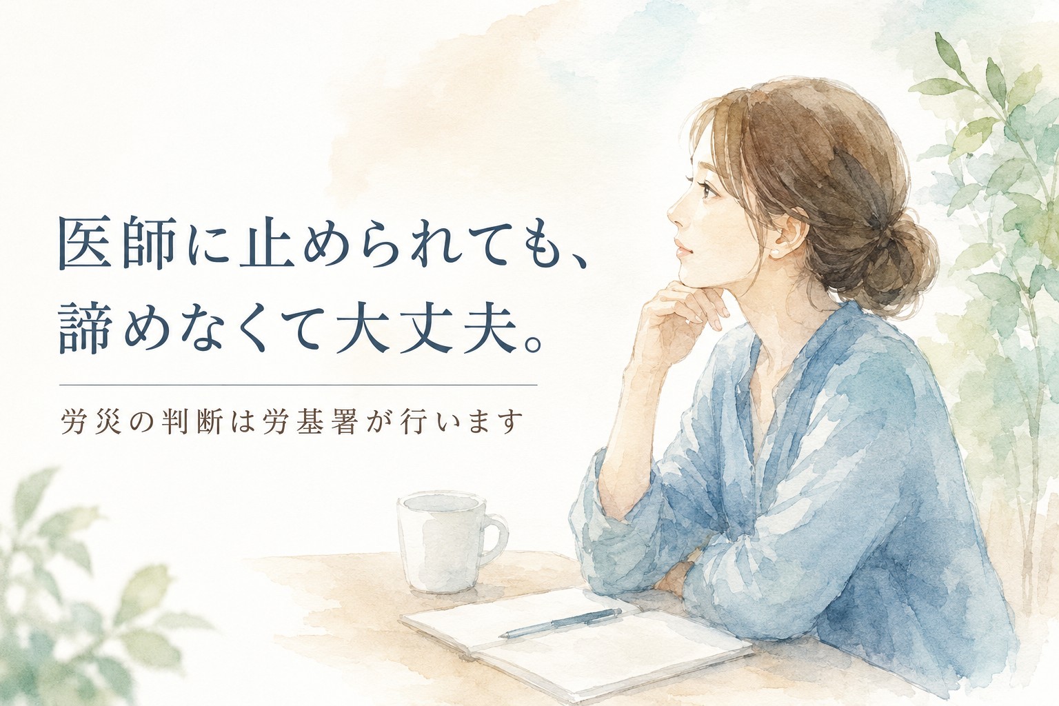 主治医から『労災はやめた方がいい』と言われて不安を感じる方をイメージした水彩イラスト