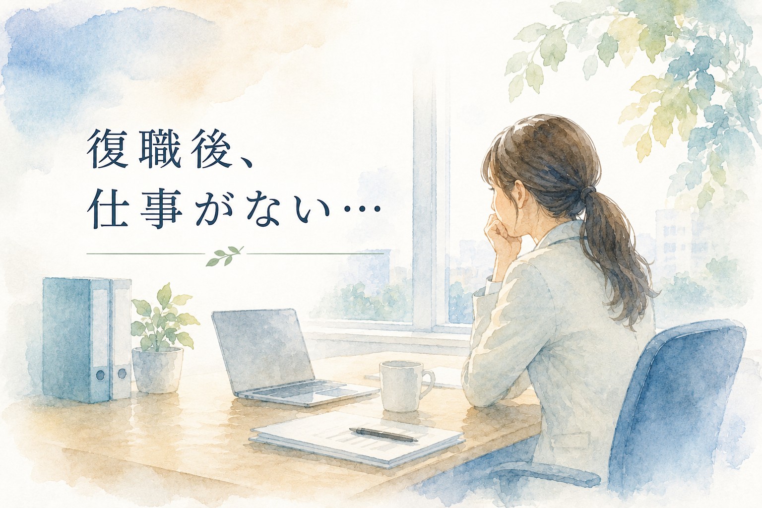 復職後に仕事を与えられず不安を抱える女性を描いた水彩イラスト。病気休職や育児休業から復職後に仕事がない、パワハラやメンタル労災を解説する記事のアイキャッチ画像。