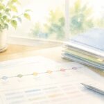 精神障害の労災認定における一連評価と時系列整理をイメージした水彩イラスト