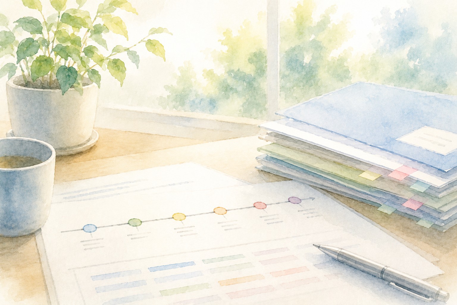 精神障害の労災認定における一連評価と時系列整理をイメージした水彩イラスト