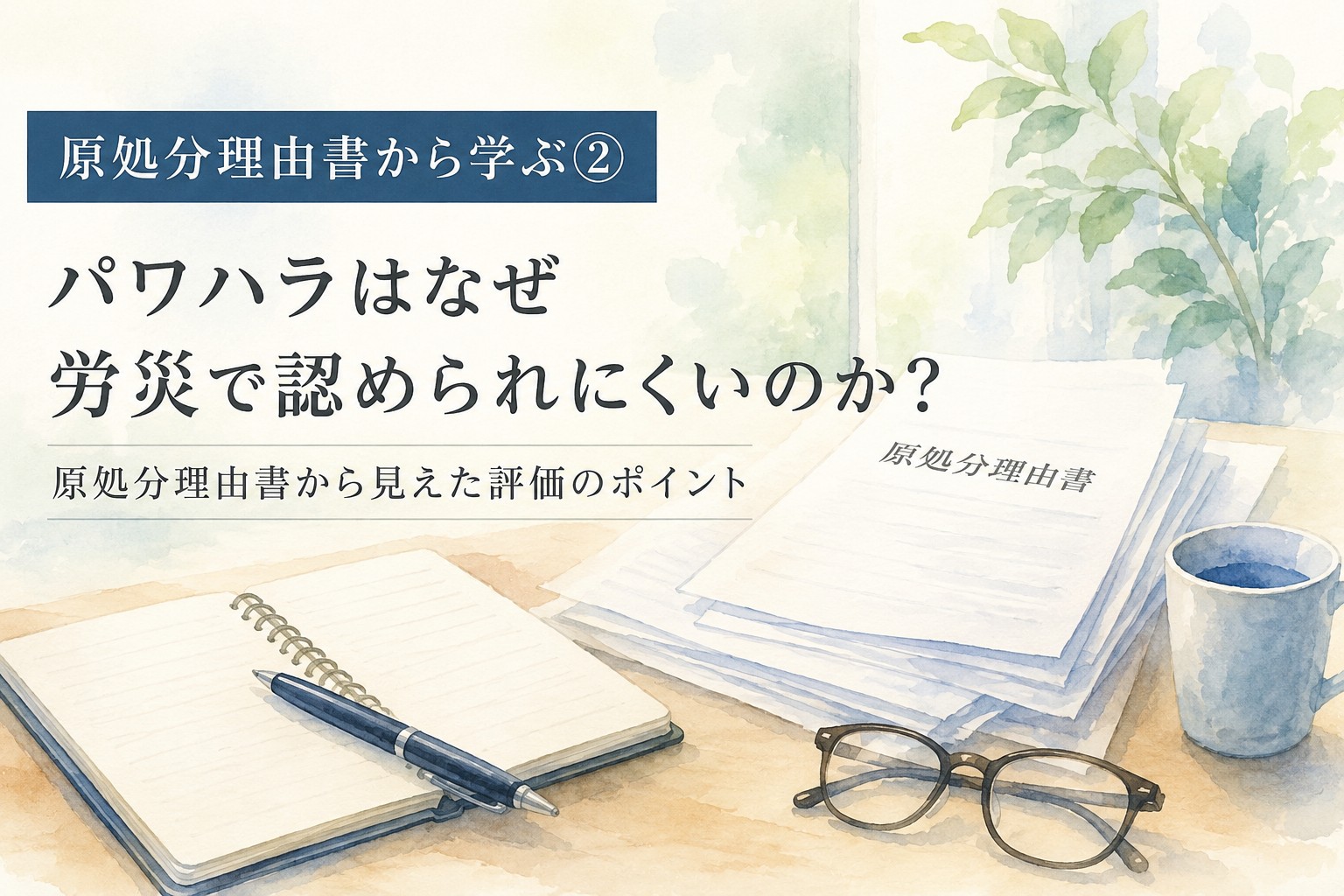 実際の原処分理由書から見えたパワハラによる精神障害の労災認定で重視される評価ポイントをイメージした水彩イラスト