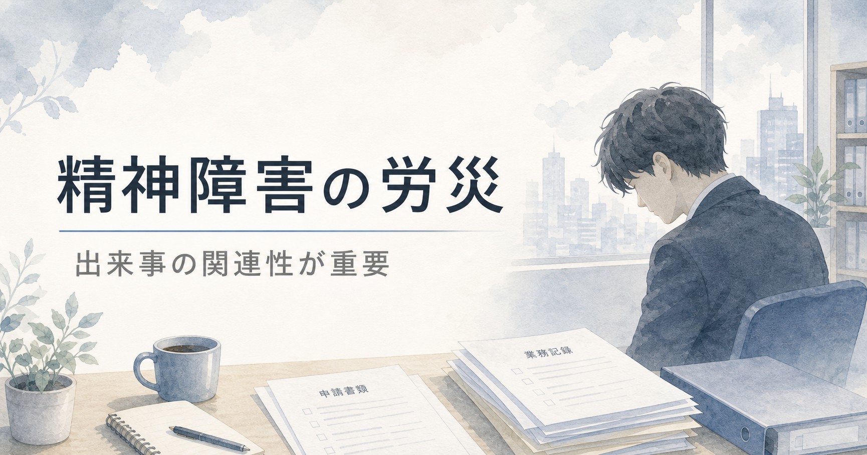 精神障害の労災で不支給になる理由や、一連の出来事の関連性を表現した水彩イラスト
