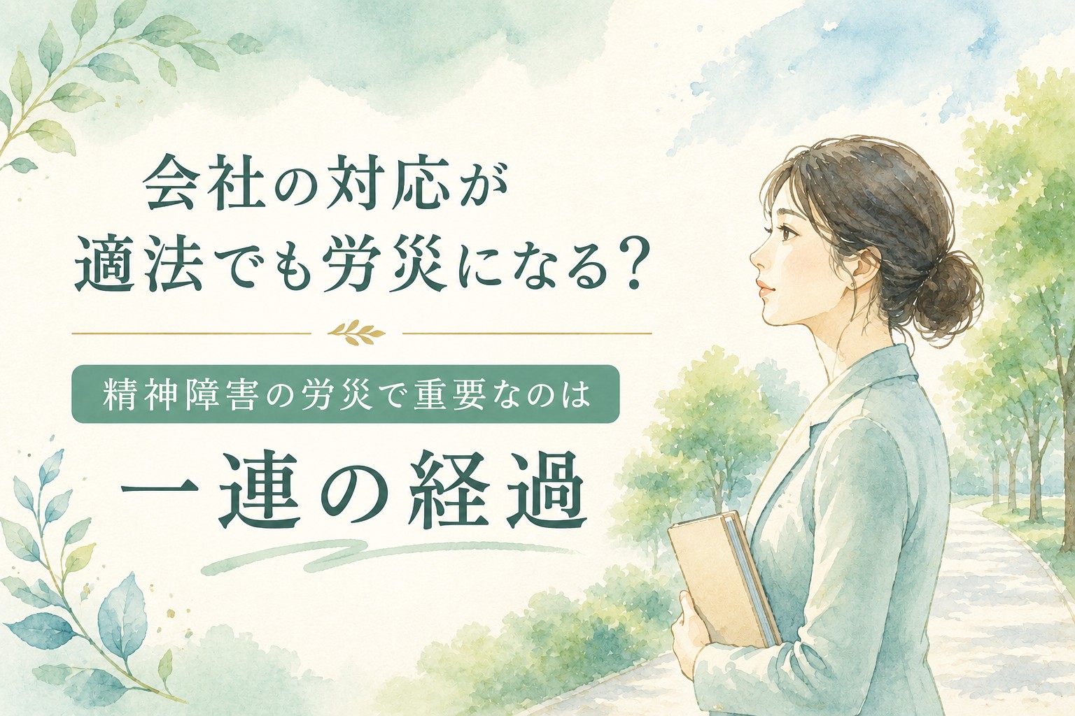 会社の対応が適法でも精神障害の労災が認められる場合があることを、一連の経過という考え方とともに解説する水彩イラストのアイキャッチ画像