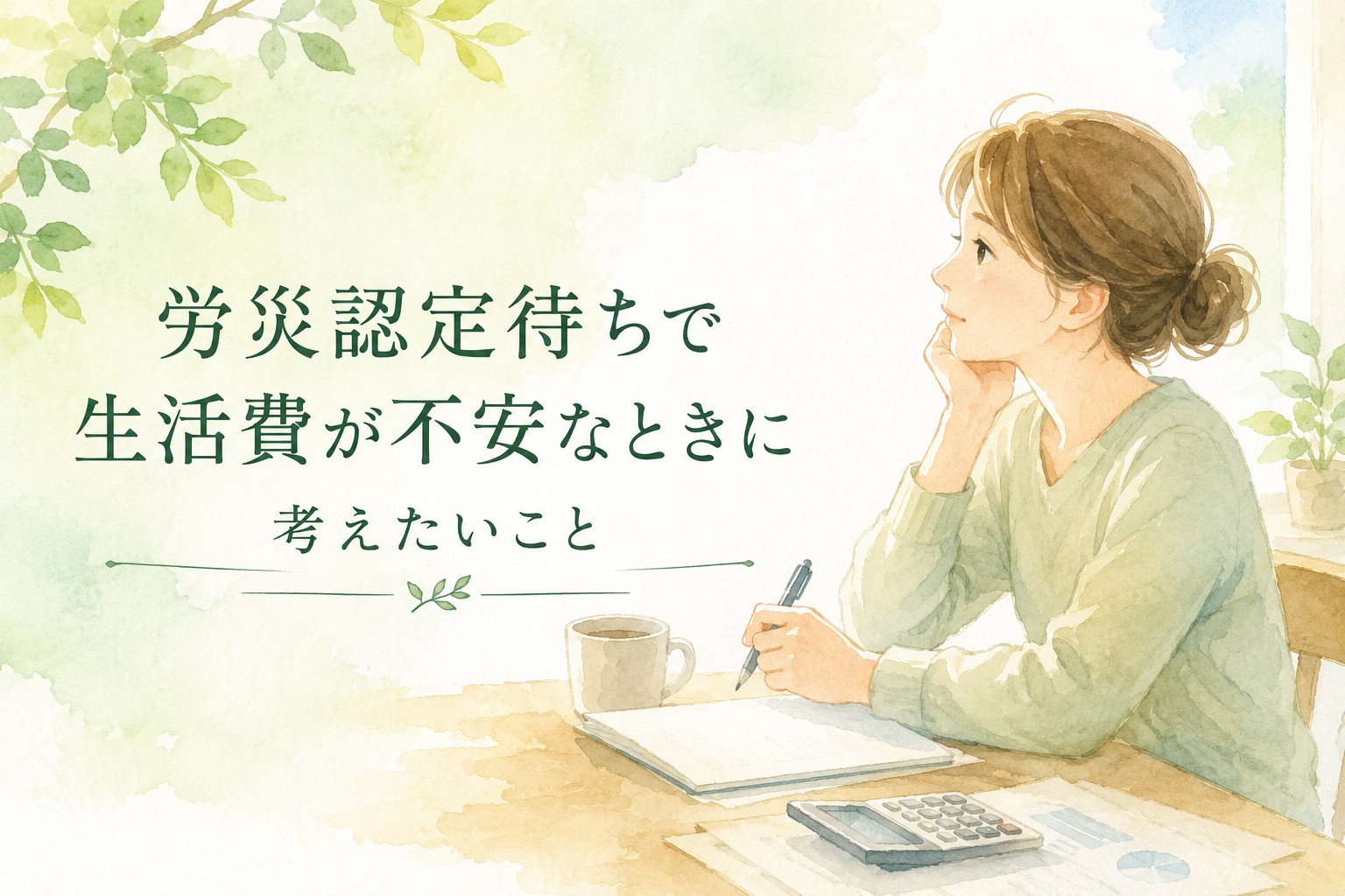 労災申請中に傷病手当金が受けられず、無給期間への不安を抱える方をイメージした水彩イラスト