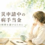 労災申請中に傷病手当金が受けられず、無給期間への不安を抱える方をイメージした水彩イラスト