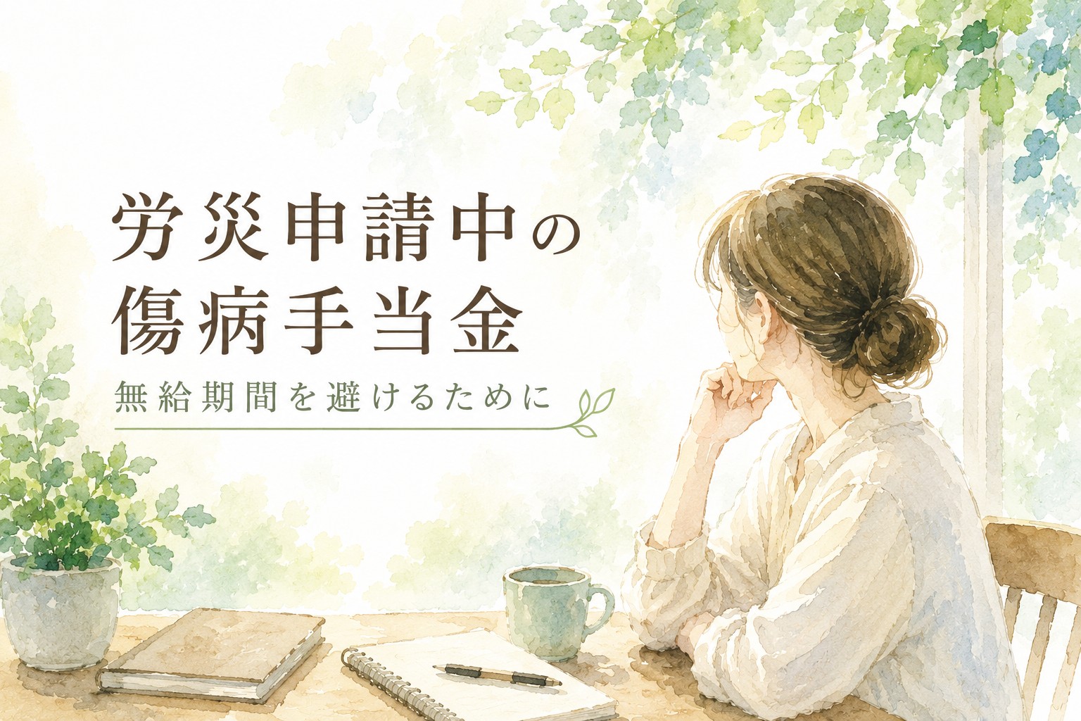 労災・公務災害の認定待ちで生活費が不安な方をイメージした水彩イラスト