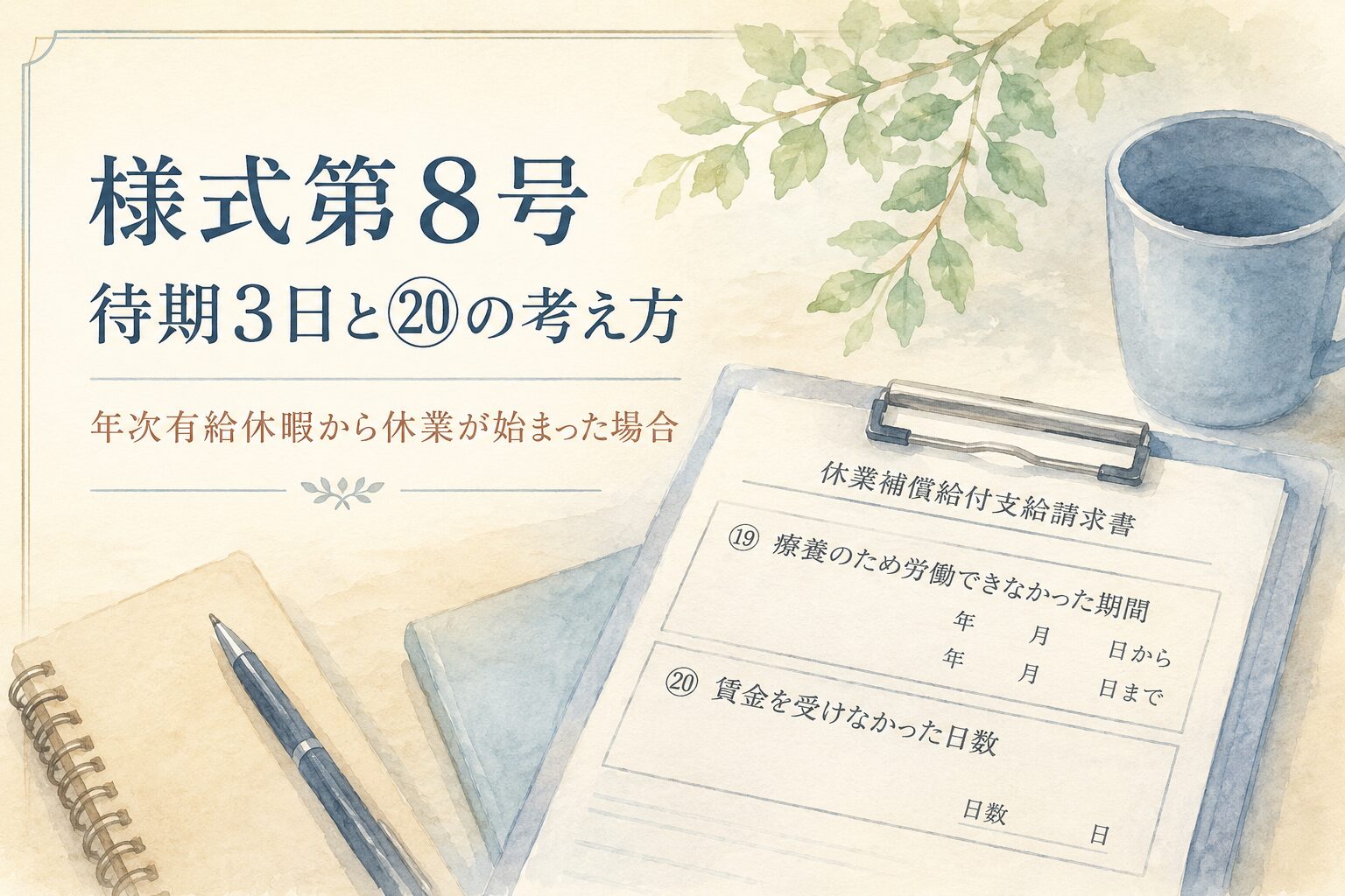 休業開始が年次有給休暇だった場合の労災様式第8号の待期3日と賃金を受けなかった日数を解説するイメージ
