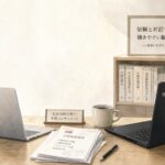 社労士事務所のデスクで、SurfaceからThinkPadへの業務用パソコン買い替えを表現した上品な水彩イラスト