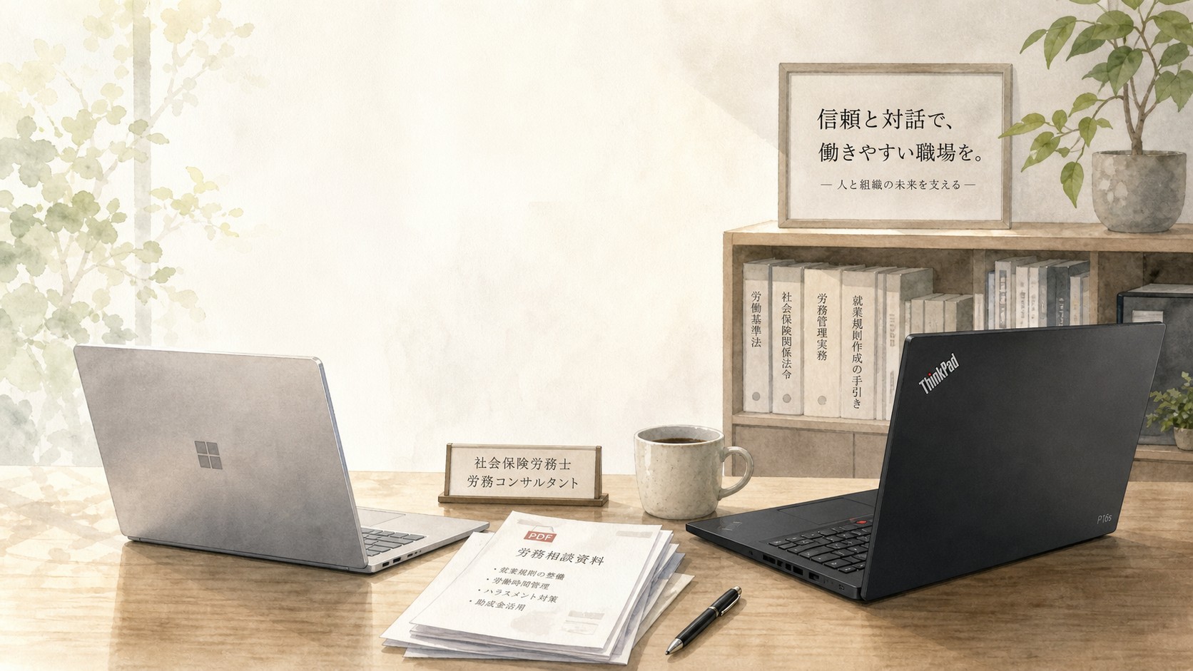 社労士事務所のデスクで、SurfaceからThinkPadへの業務用パソコン買い替えを表現した水彩イラスト