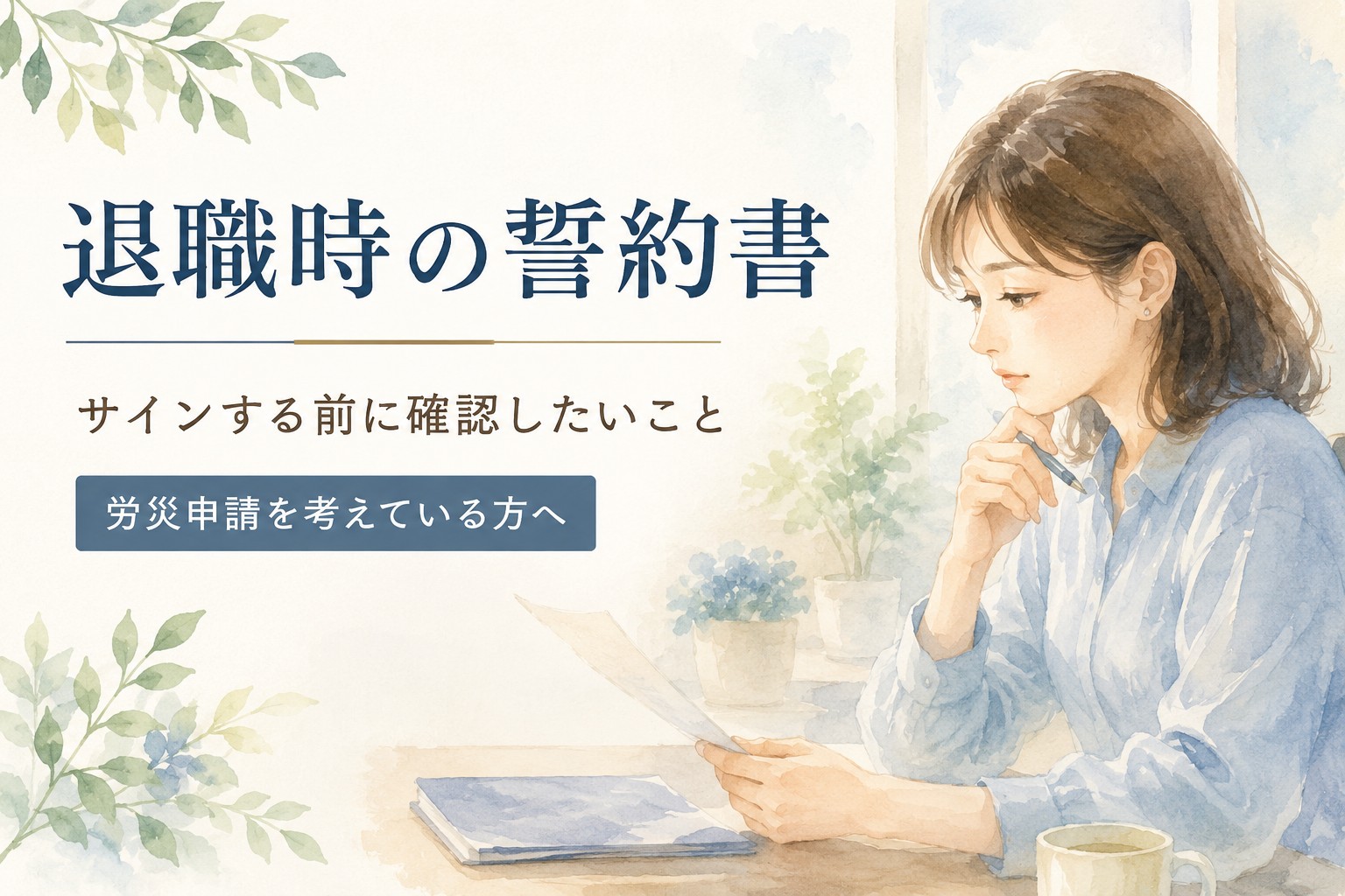 退職時誓約書への署名を前に内容を確認する女性を描いた水彩イラスト。パワハラやメンタル不調による退職時の注意点や労災申請との関係を解説する記事のアイキャッチ画像。