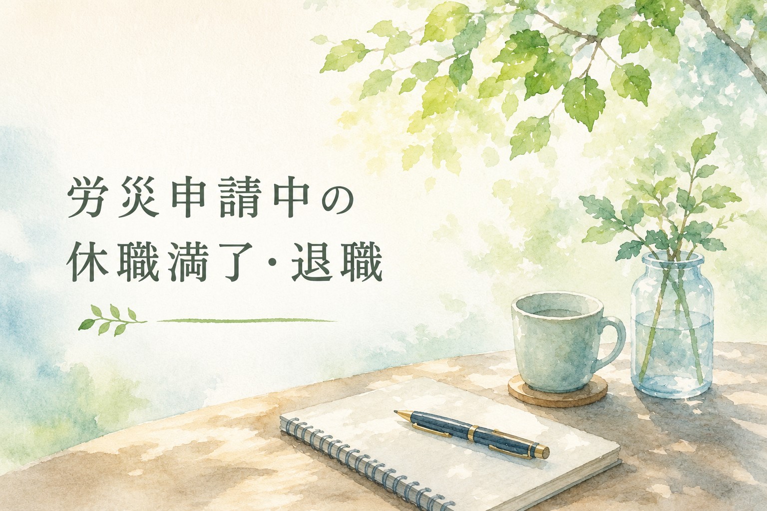 労災申請中の休職満了・退職をテーマに、ノートやコーヒーカップ、植物を描いた水彩イラスト