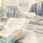 労災保険の申請書類を手に労働基準監督署の担当者へ相談する労働者の水彩イラスト