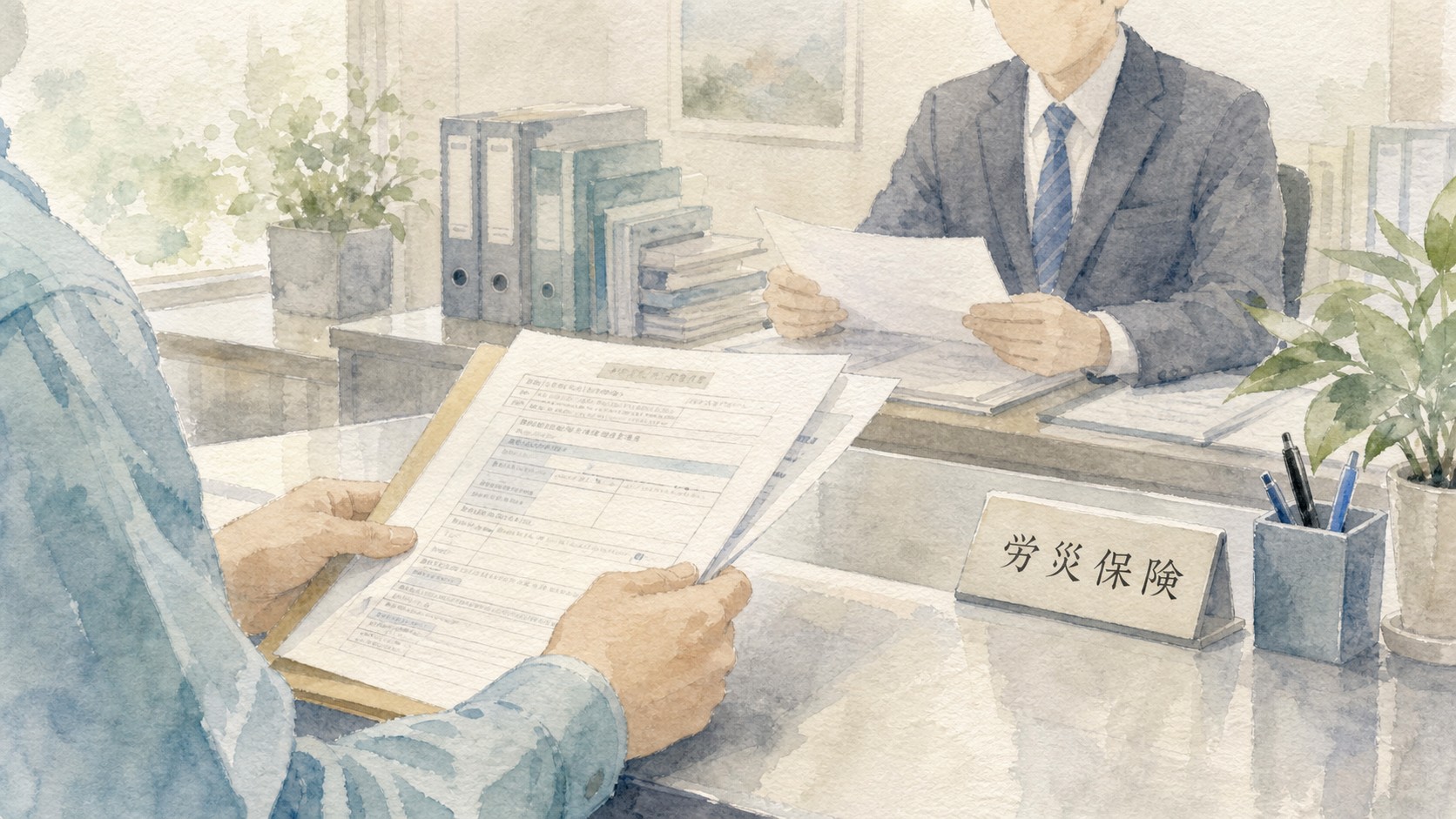 労災保険の申請書類を手に労働基準監督署の担当者へ相談する労働者の水彩イラスト