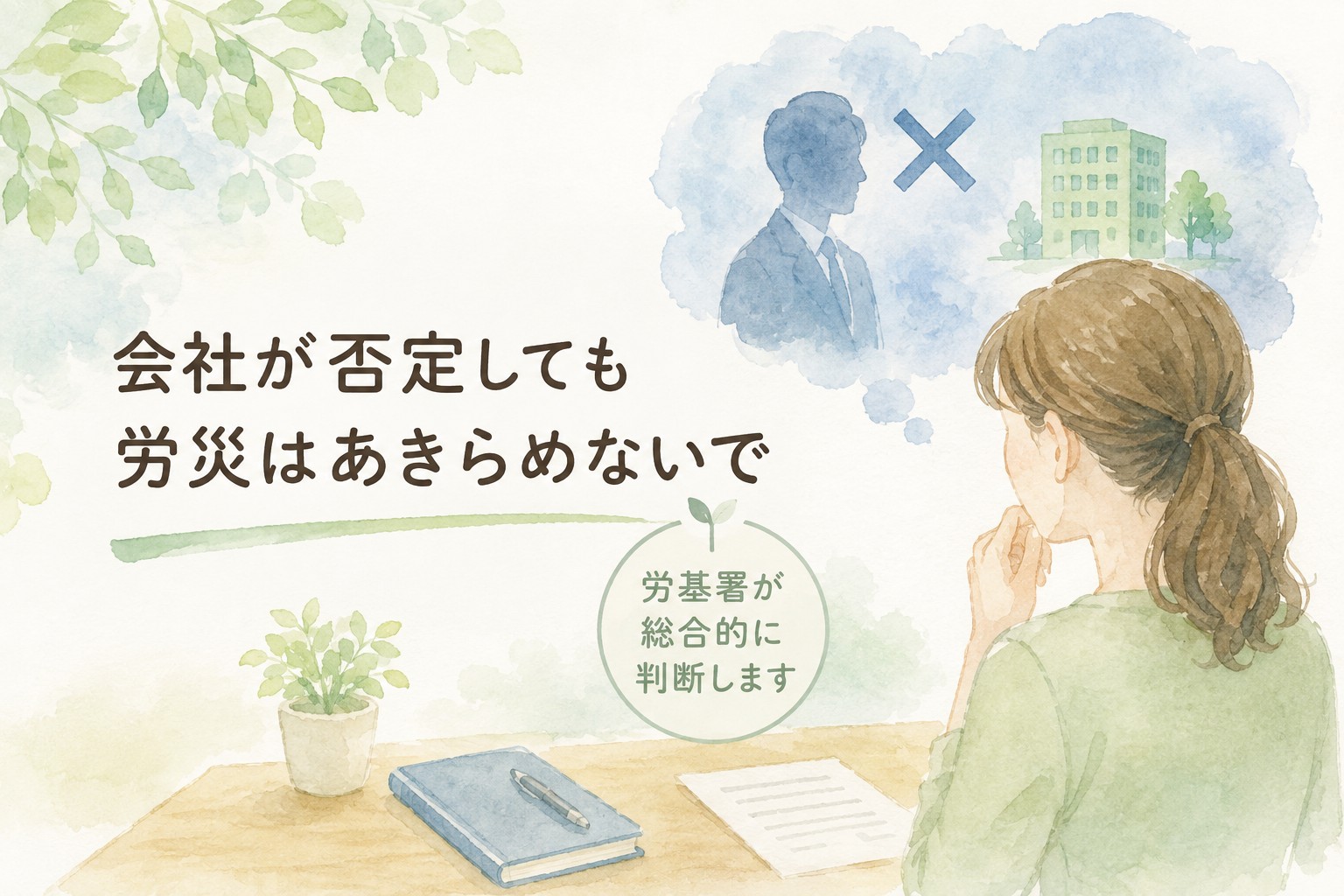 会社が事実を否定しても労基署が総合的に判断する精神障害の労災を表した水彩イラスト