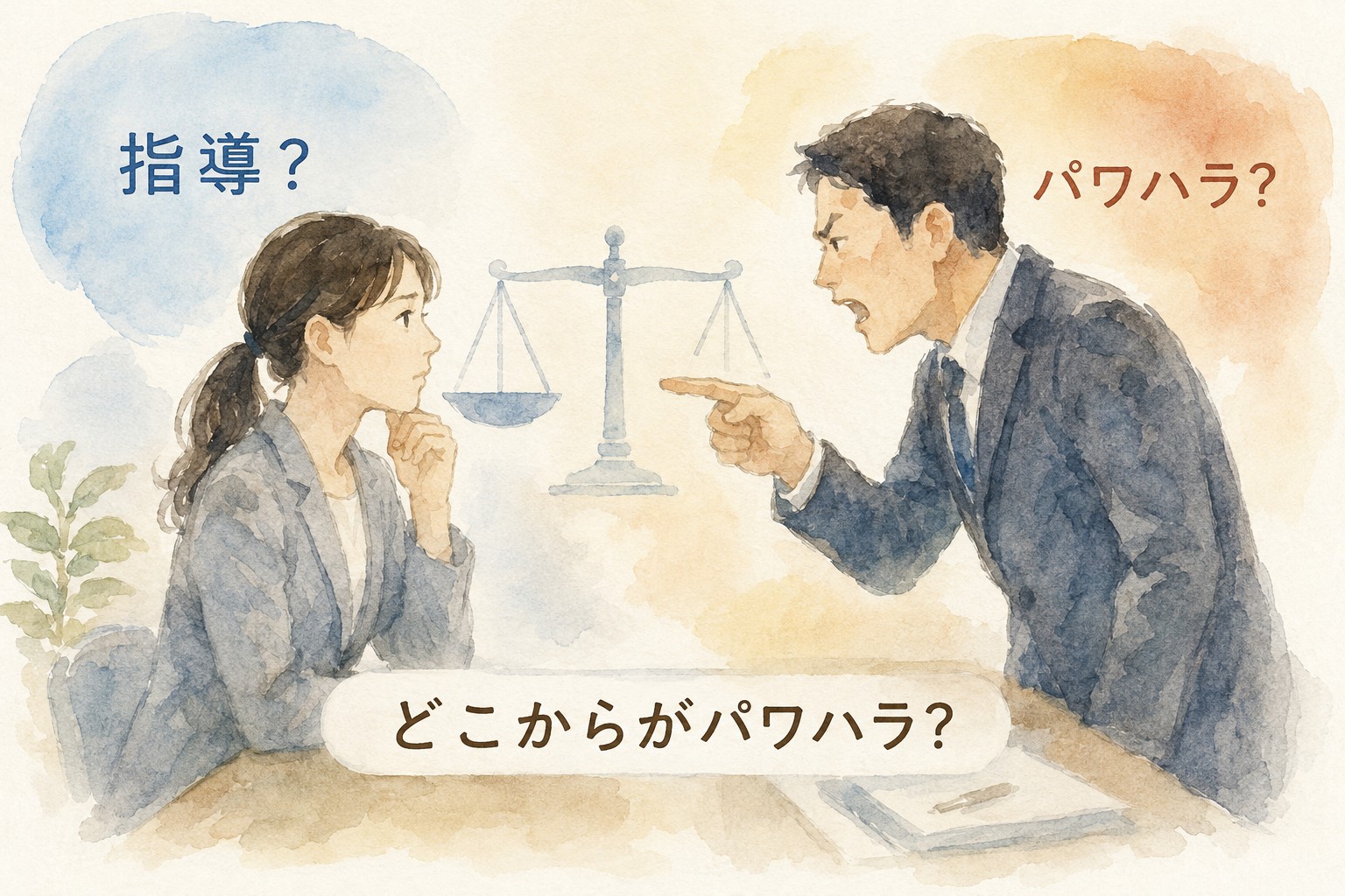 業務上必要な指導とパワハラの違いを解説するイメージ
