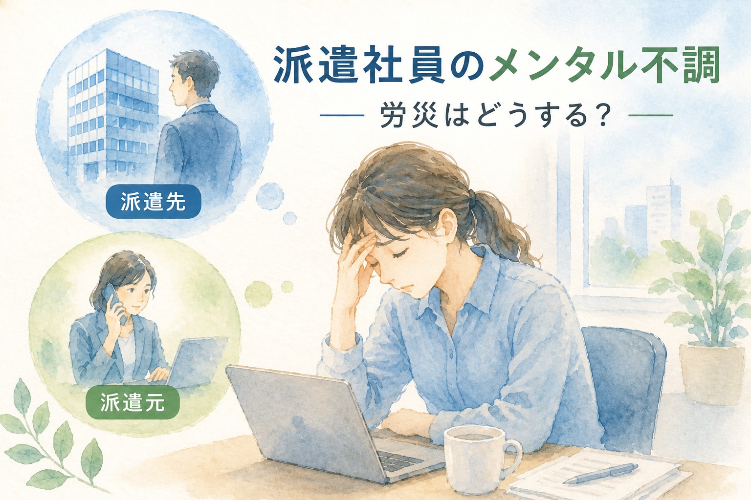 派遣社員のメンタル労災と派遣元・派遣先の役割を解説するイメージ