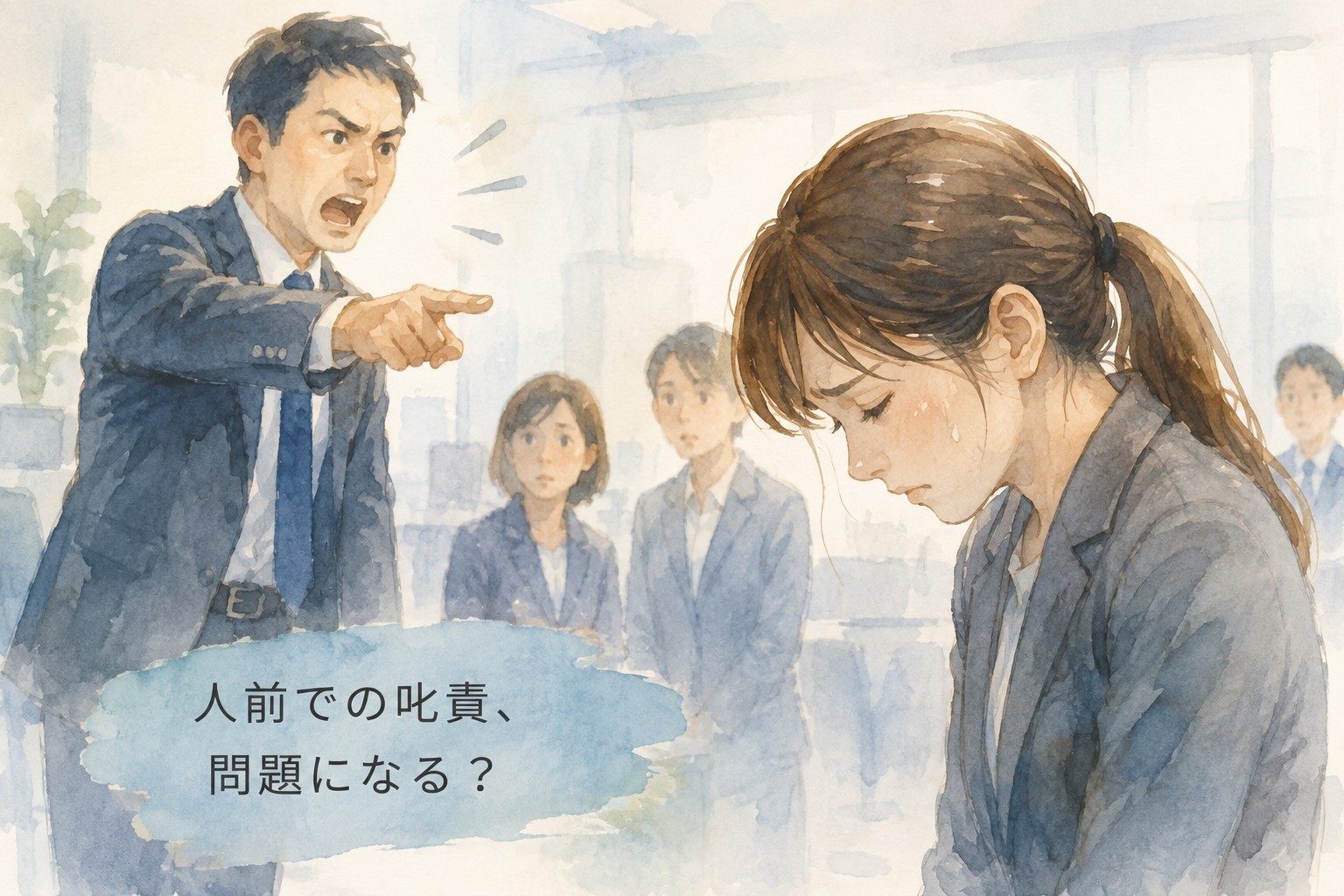 上司から他の社員の前で叱責を受ける労働者のイメージ