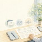 録音やメモを前に、職場での出来事を時系列で整理する会社員を描いた水彩風イラスト