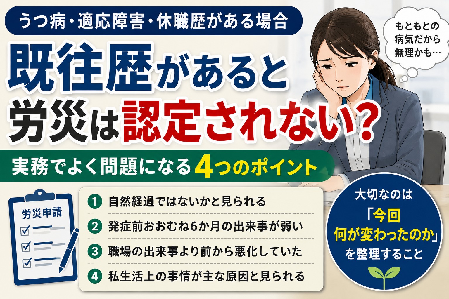既往歴がある場合に労災で問題になりやすい4つのポイントを解説するイメージ