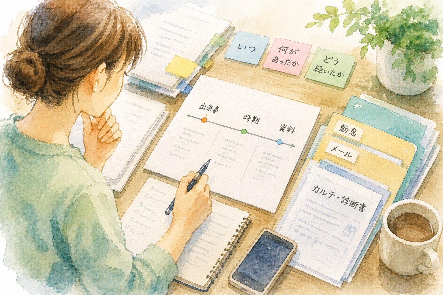 精神疾患の労災申請でLINE・メール・勤怠・カルテなどの証拠を時系列で整理するイメージ