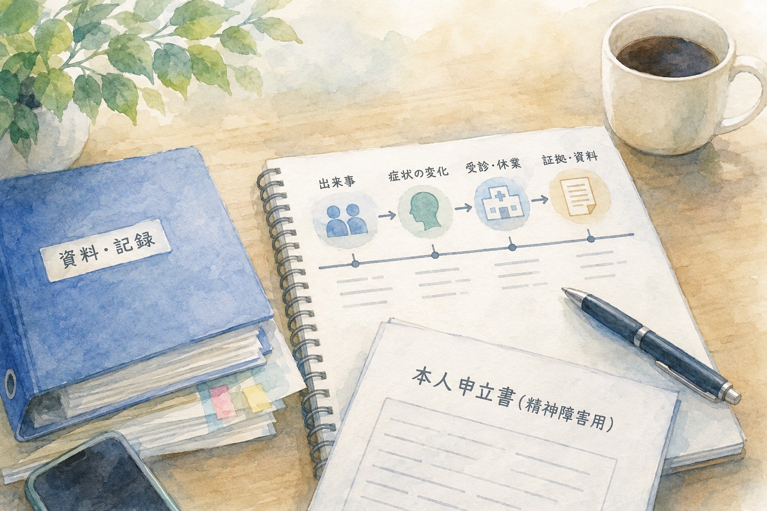 精神障害の労災申請で本人申立書の出来事・症状・証拠を時系列に整理するイメージ