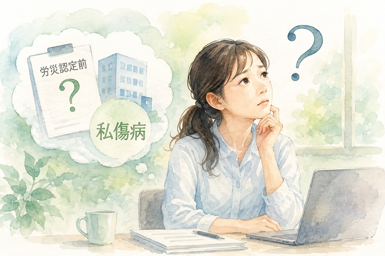 労災認定前に会社から私傷病扱いと説明され悩む労働者のイメージ