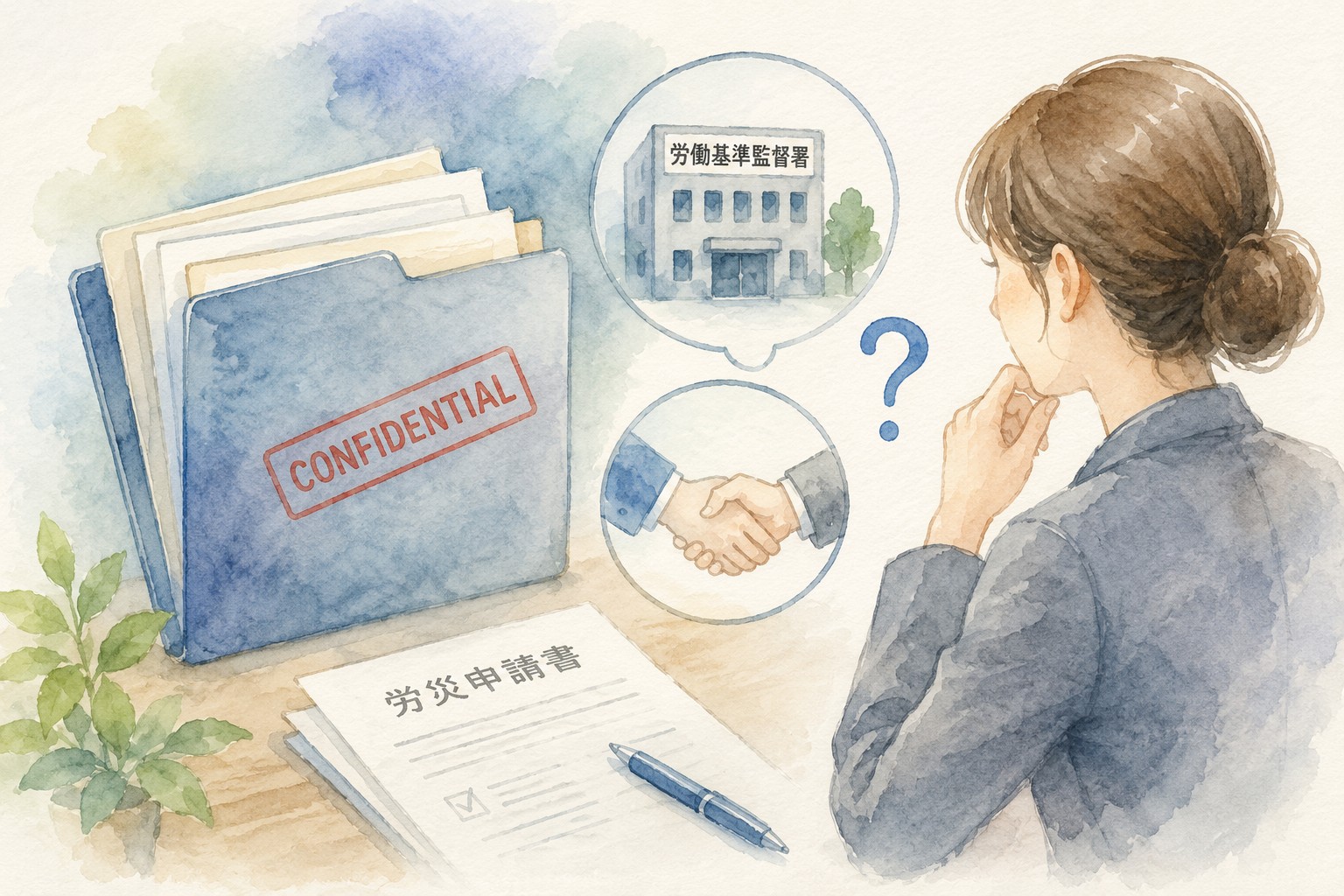 会社の社外秘資料を労災の証拠として使う際の注意点をイメージした水彩画