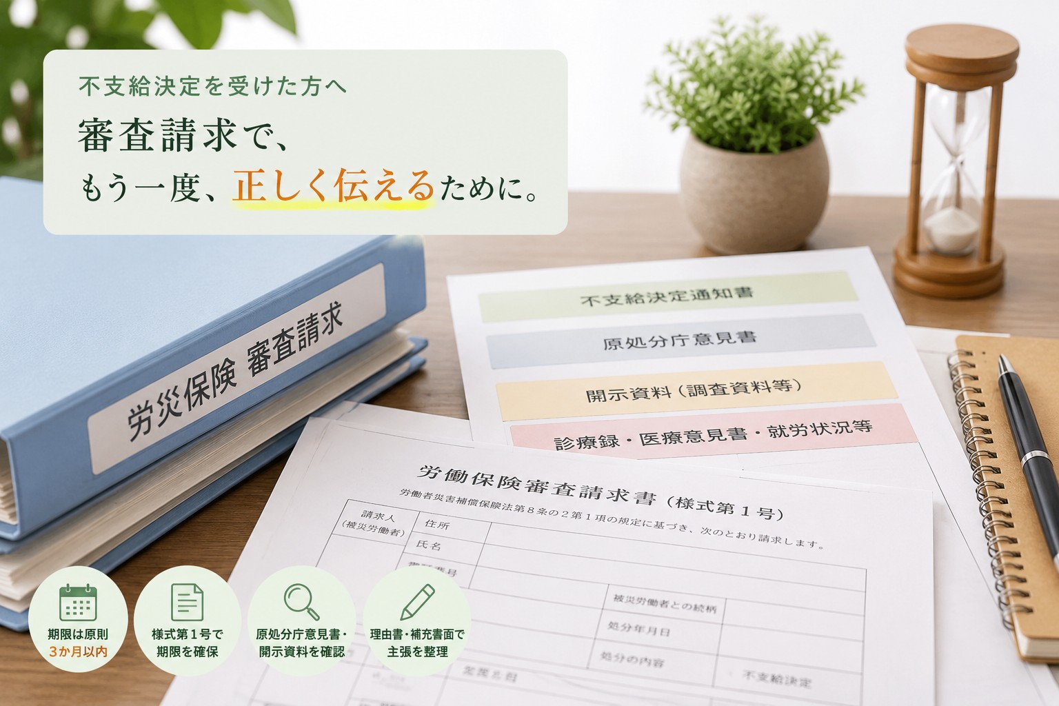 労災の不支給決定に対する審査請求の流れと書類整理のイメージ