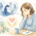 労災申請を会社に言い出せず悩んでいる人を描いた水彩イラスト