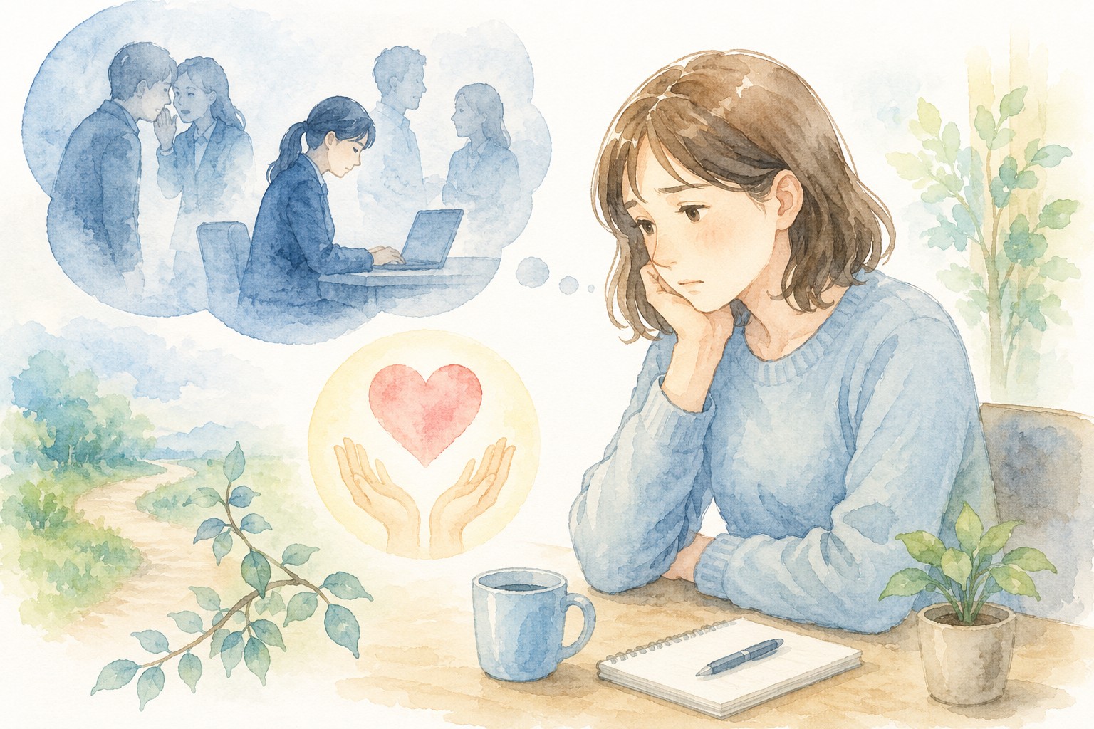 労災申請を会社に言い出せず悩んでいる人を描いた水彩イラスト