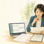 生成AIの回答と労災申請の資料を確認する社会保険労務士のイメージ