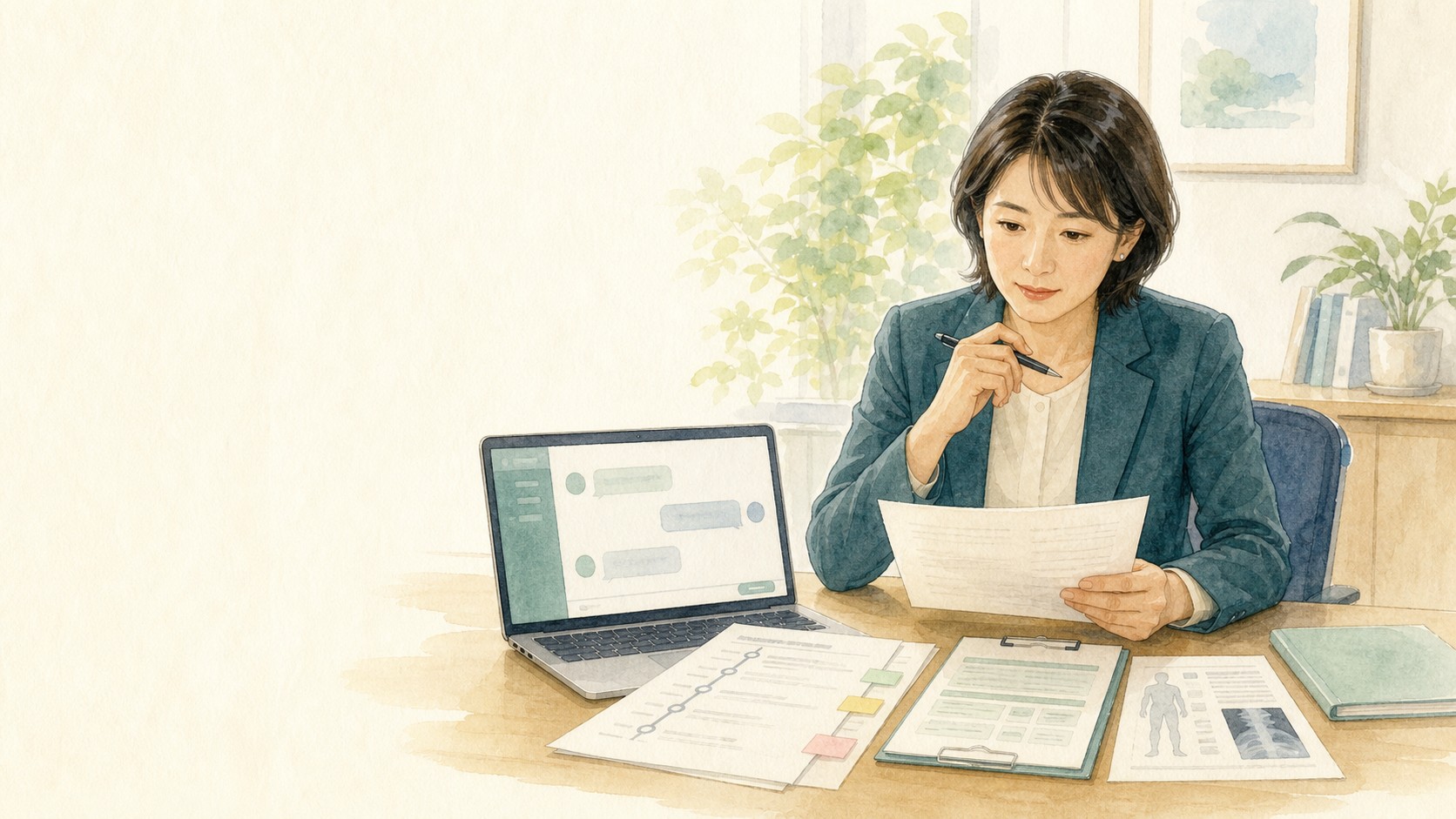 生成AIの回答と労災申請の資料を確認する社会保険労務士のイメージ