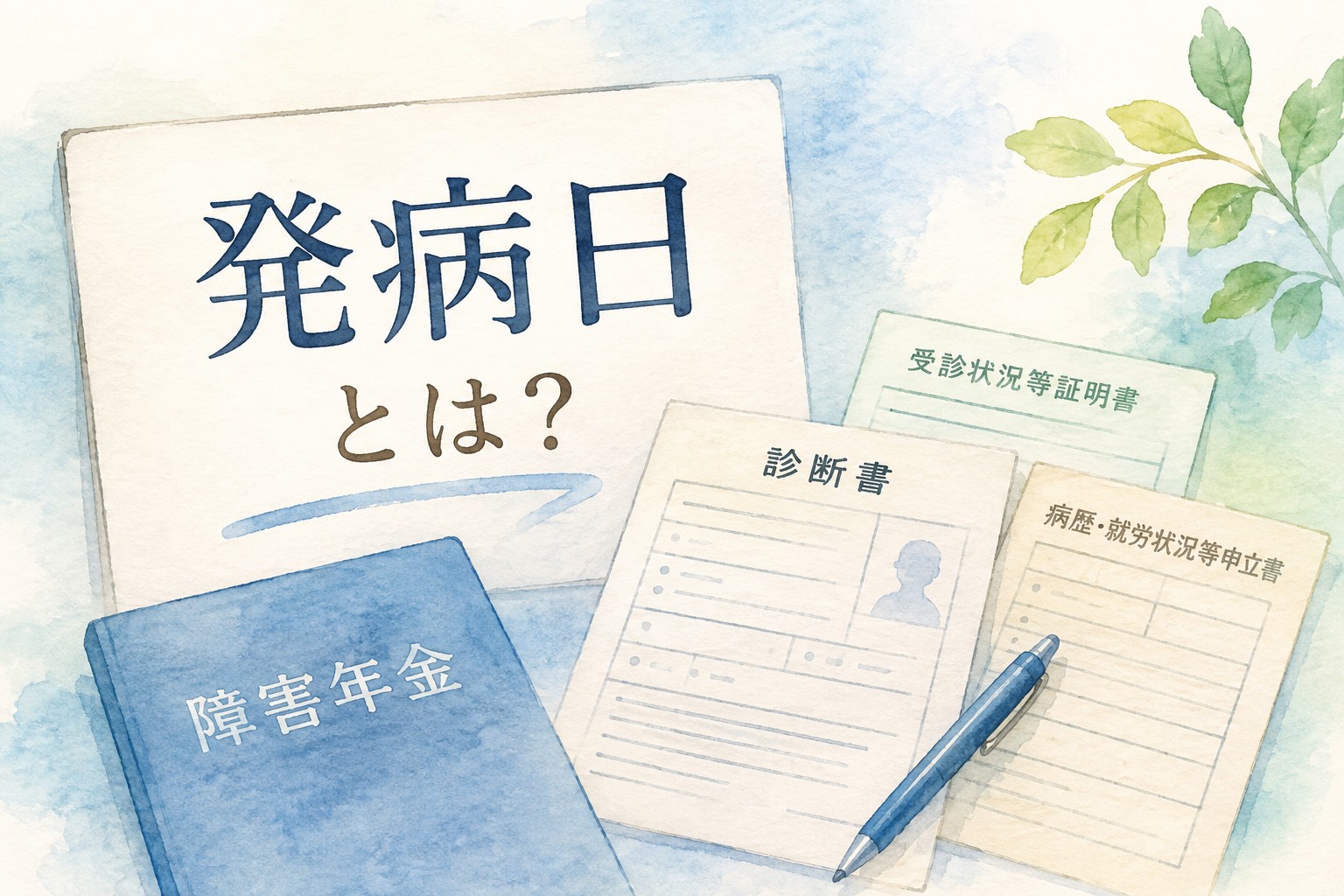 障害年金の発病日とは？診断書・受診状況等証明書・病歴就労状況等申立書を水彩画風に描いたイラスト