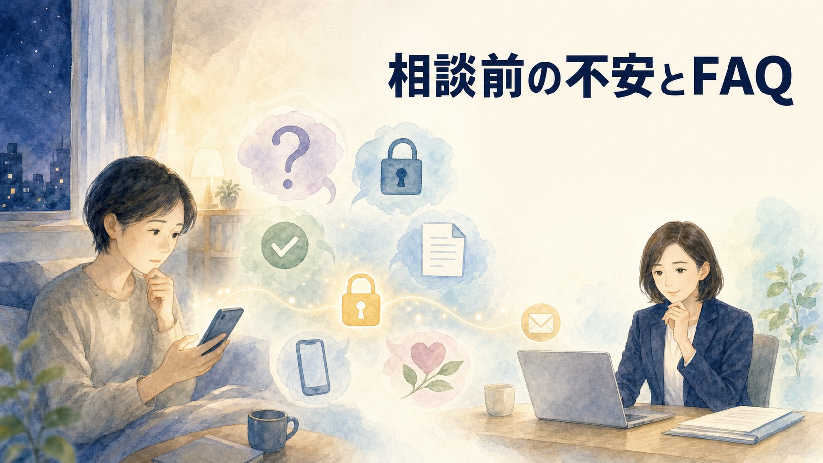 労災や障害年金の相談前に感じる不安や疑問を、LINE相談やプライバシーへの配慮とともに表現したFAQページのイメージ