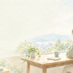 窓辺の机で静かに外を見つめる女性を描いた水彩画
