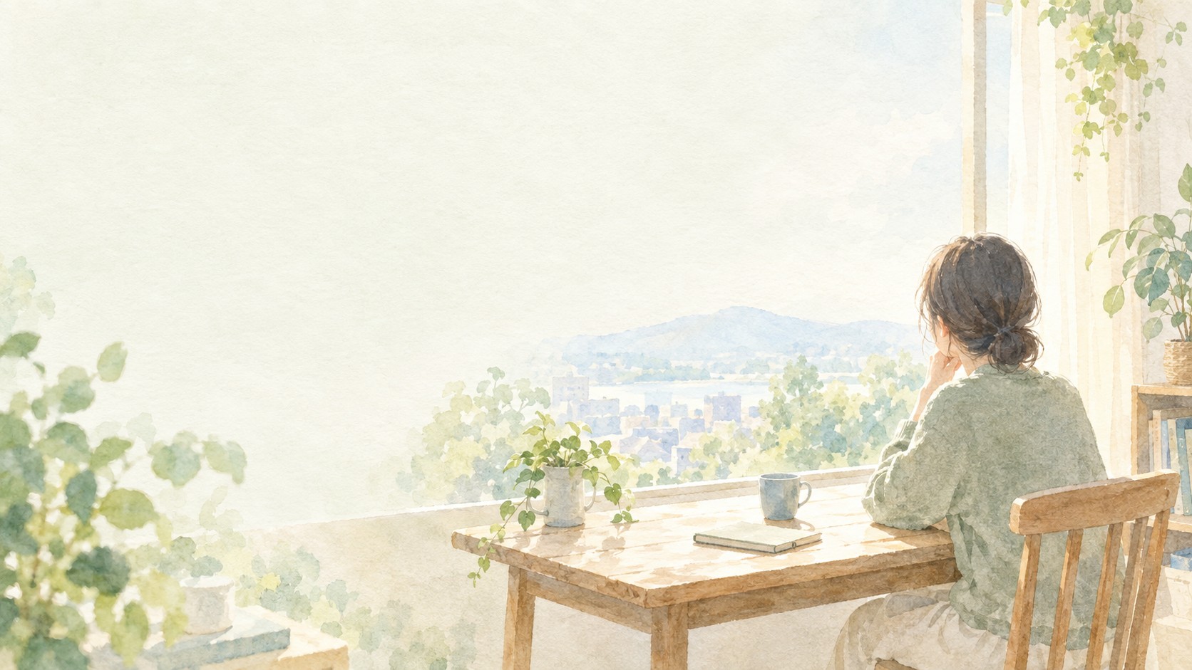 窓辺の机で静かに外を見つめる女性を描いた水彩画
