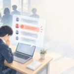 グループチャットで名指し叱責を受ける会社員と公開されたメッセージを描いた水彩イラスト