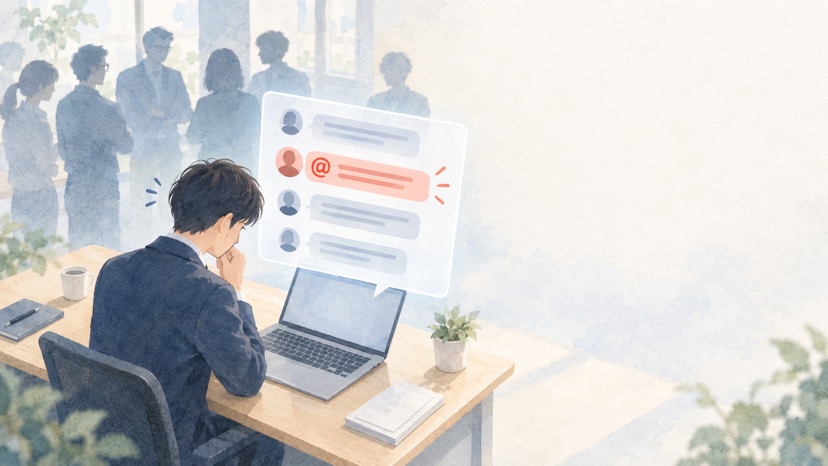 グループチャットで名指し叱責を受ける会社員と公開されたメッセージを描いた水彩イラスト